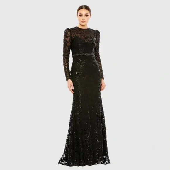 Mac Duggal Black‎ Embellished High Neck Gown Long Sleeve Dress SZ 18 $698 68011 - Picture 1 of 8